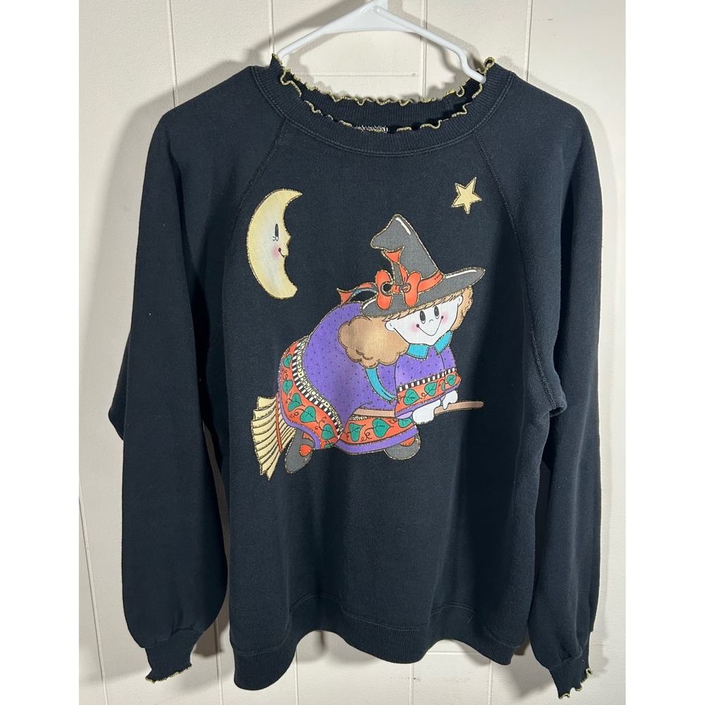 Vintage Hanes Her Way Halloween Witch Sweatshirt Black Gold Lettuce Trim Large